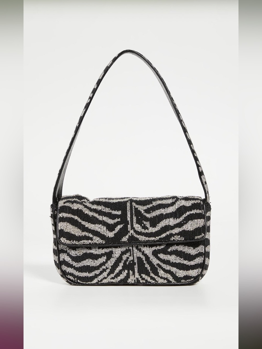 STAUD Beaded Zebra-Print Shoulder Bag in Black & White